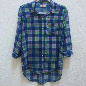 Hollister Plaid Button Down Shirt Blue Green Pink